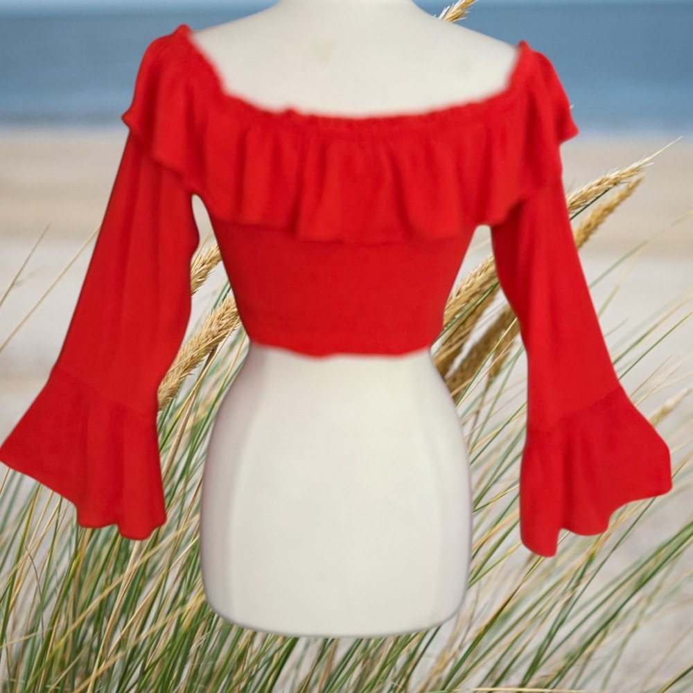 Kimchi Blue Urban Outfitters Kimora Cropped Blouse Top Sz L On or Off Shoulder